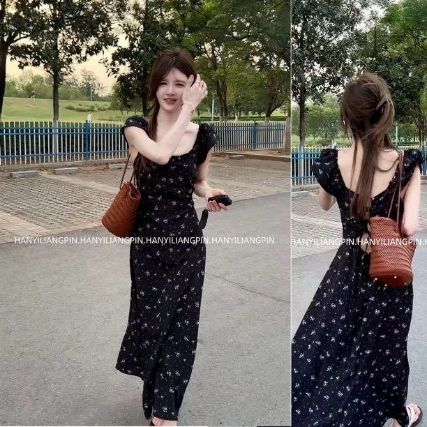 【海棠花开】东大门韩系夏款法式氛围显瘦露背绑带碎花连衣裙3257