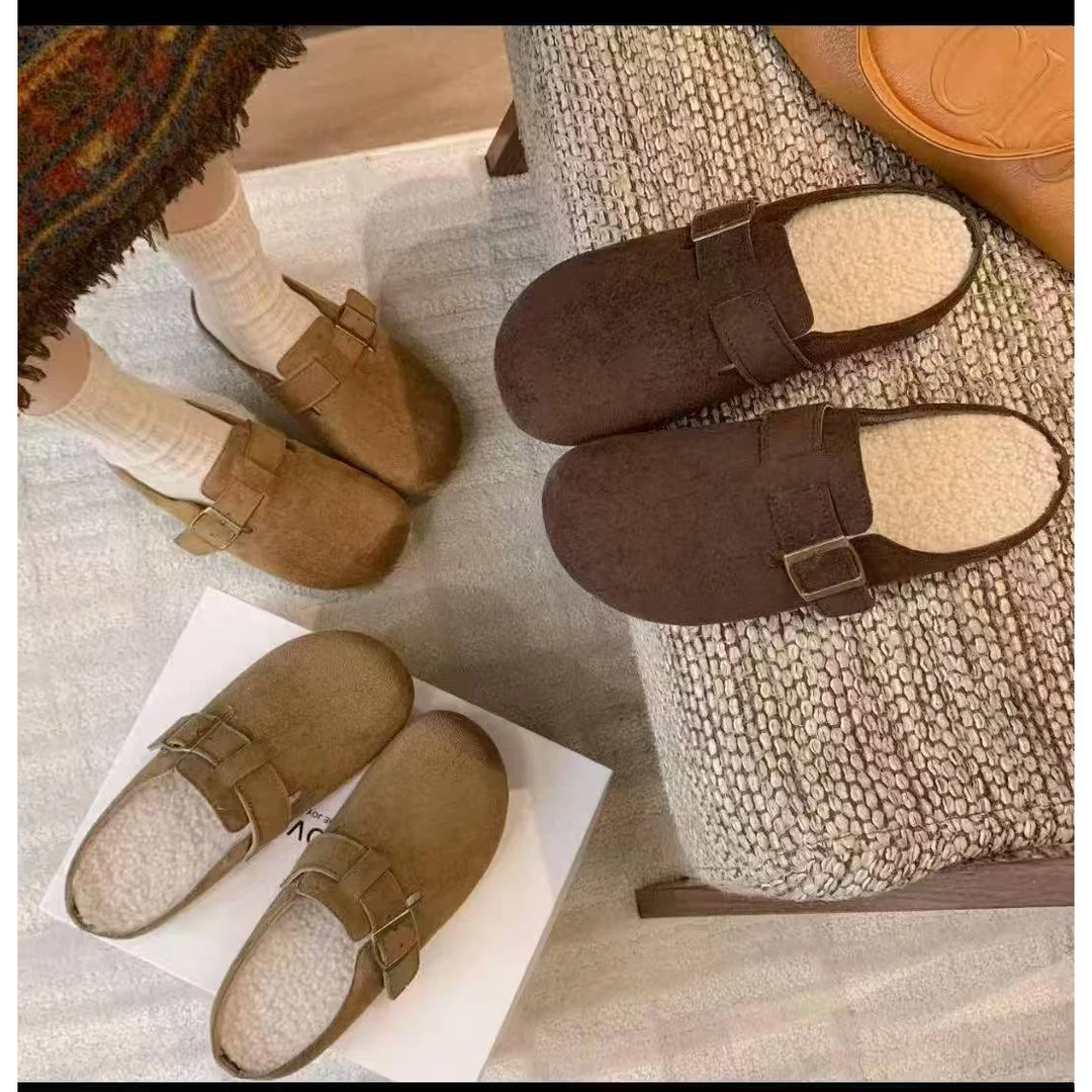 2025秋冬新款复古勃肯鞋女平底加绒保暖毛呢单鞋一脚蹬懒人乐福鞋