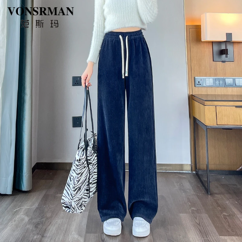 蓝色加大码阔腿裤女2025春秋新款胖mm宽松显瘦200斤高腰灯芯绒裤