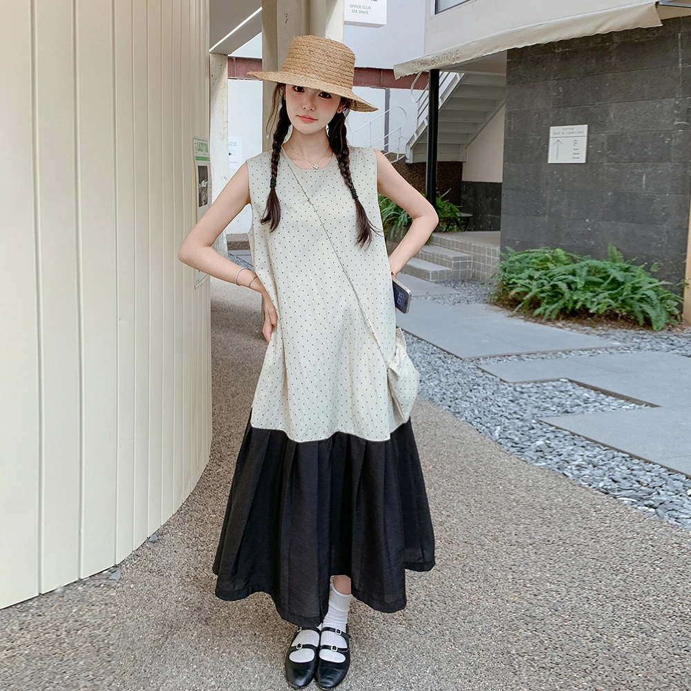韩系波点拼接无袖连衣裙女夏季新款设计感温柔甜美显瘦气质连衣裙