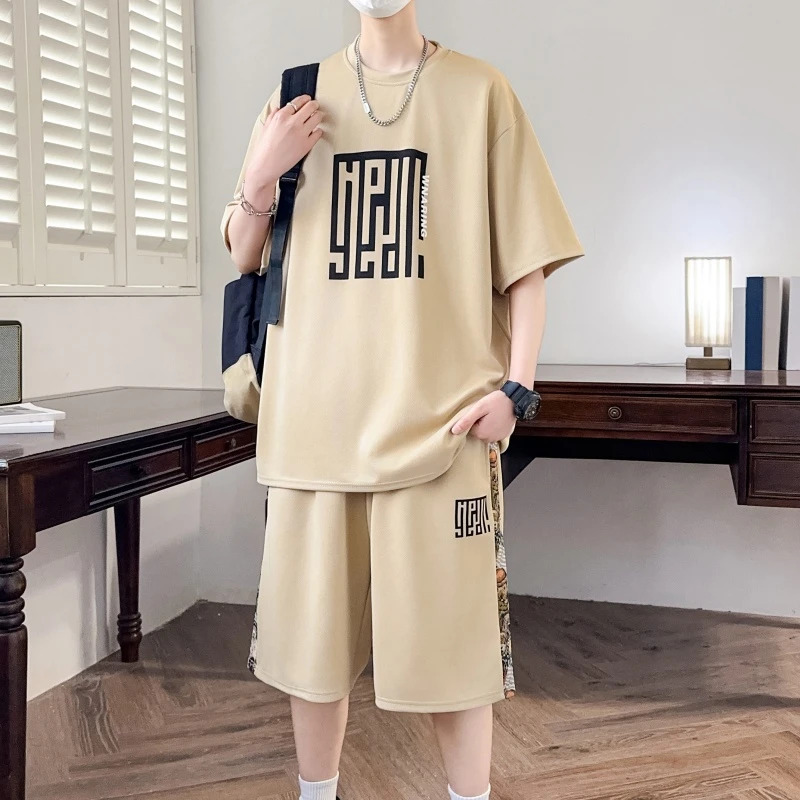 【两件套】夏季短袖T恤男青少年百搭潮流休闲运动套装薄款宽松一套