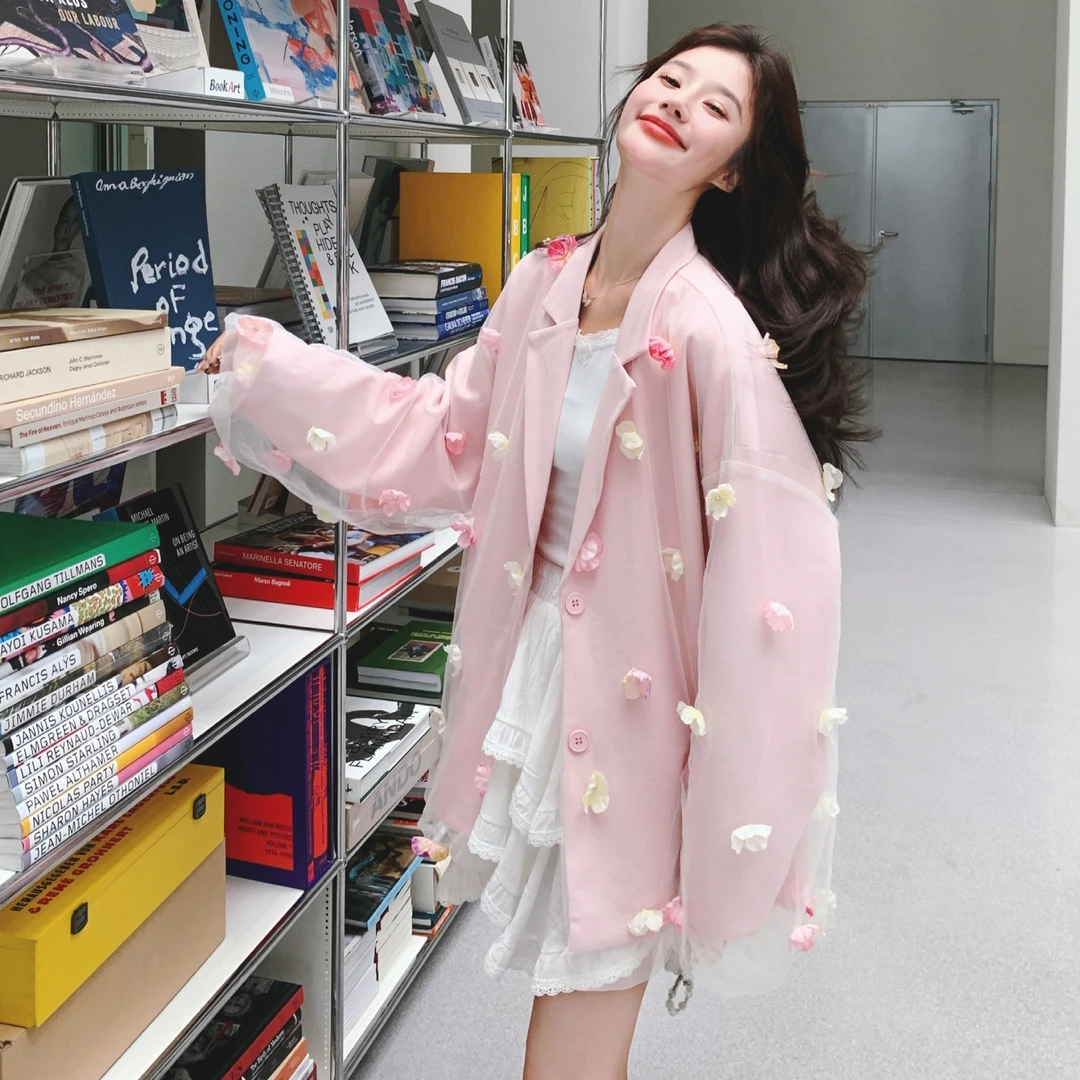 法式温柔风减龄洋气甜美上衣女秋新款设计感粉色立体花朵西装外套
