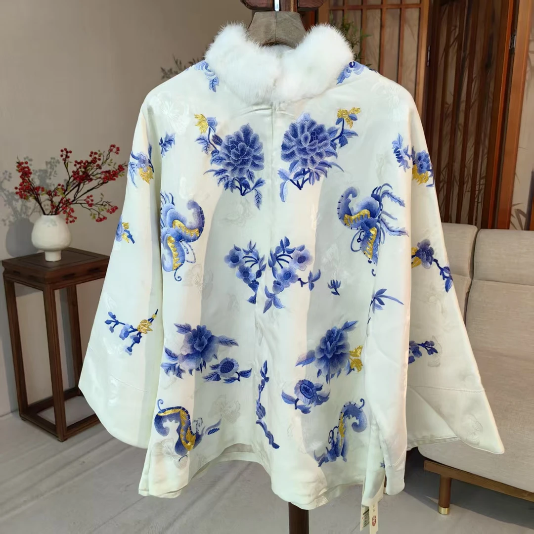 景罗秋季新中式新国风百搭时尚气质休闲女士桑蚕丝手绣上衣LK0012