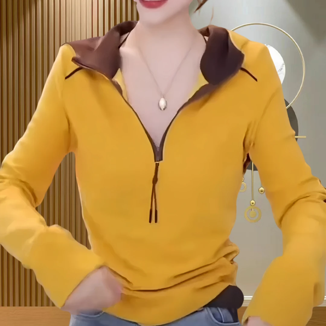 2025春季新款德绒连帽百搭显瘦上衣女洋气拼色半拉链长袖打底衫女