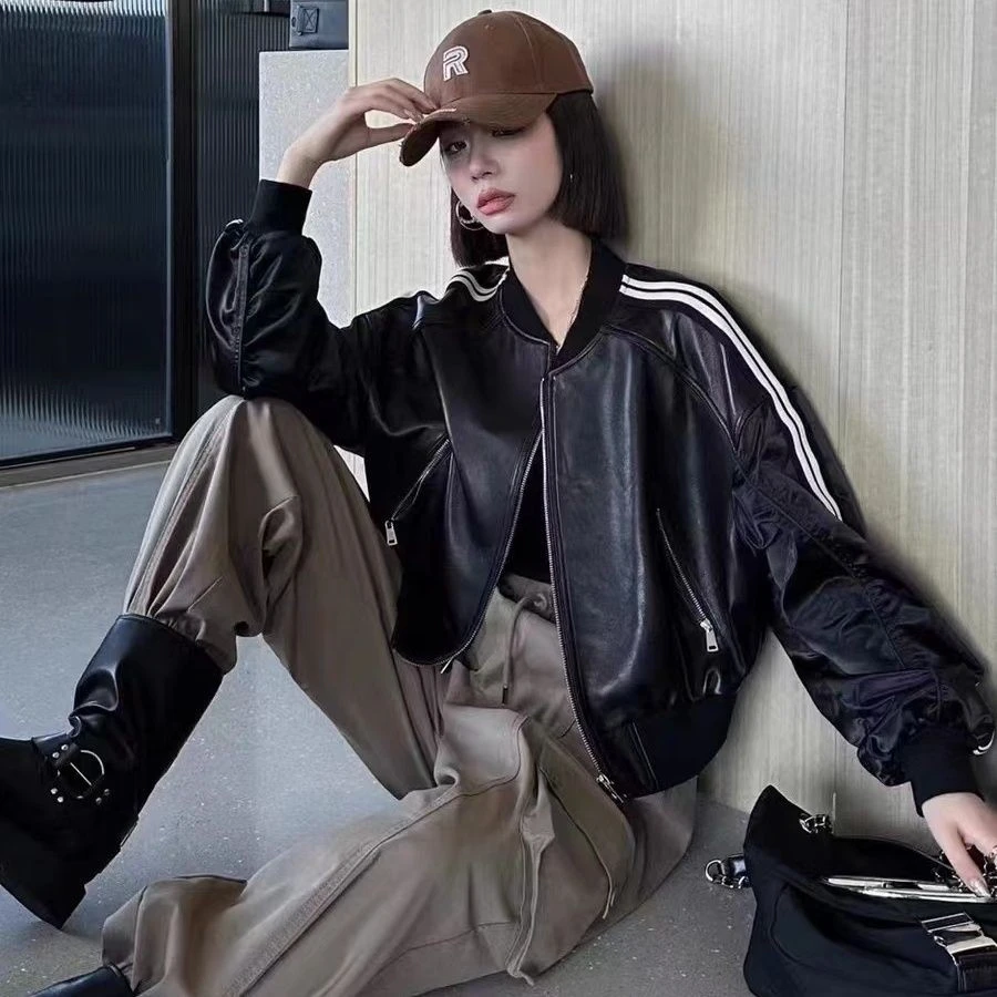 2025爆款女士水洗皮皮衣欧美风时尚棒球短款拼接小个子机车夹克