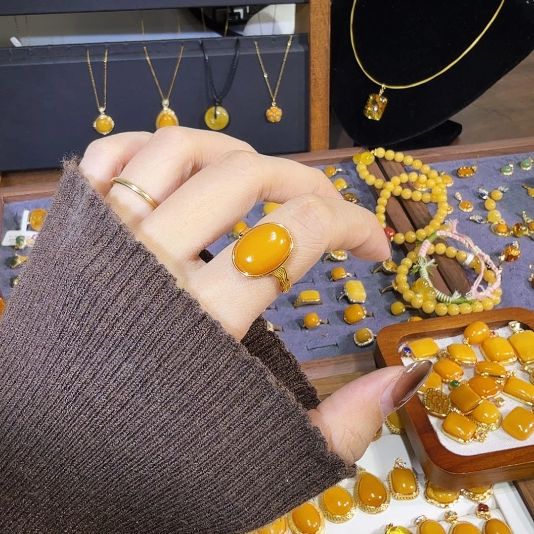 蜜蜡银S925镀金镶嵌戒指