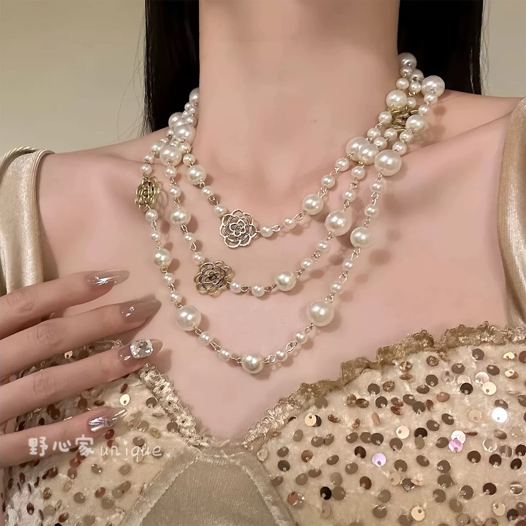 非金属仿珍珠项链 【奥尔汀玫瑰】小香风气质珍珠项链多层叠戴颈链