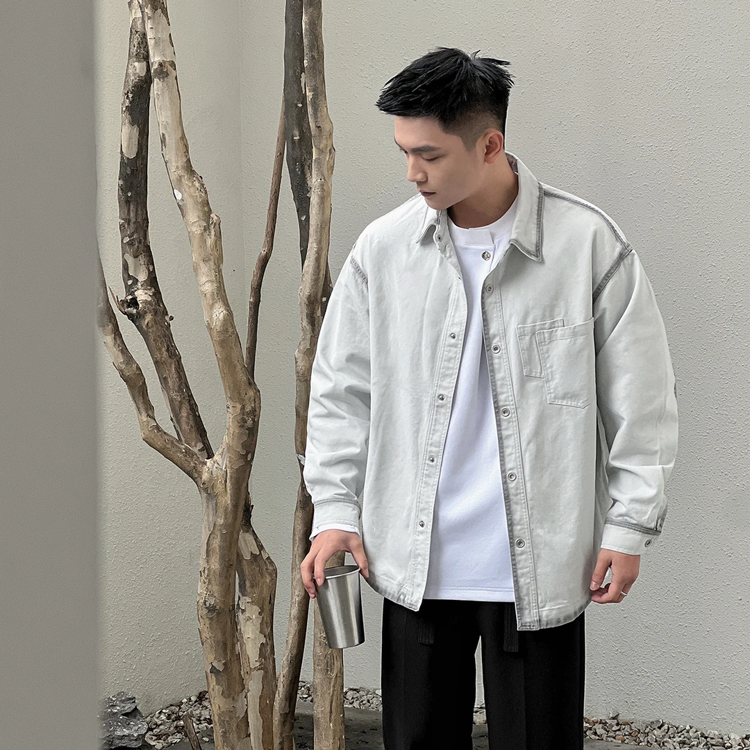 22号穿搭【德州旧报纸】设计师纯棉渐变水洗高级感牛仔衬衫外套男
