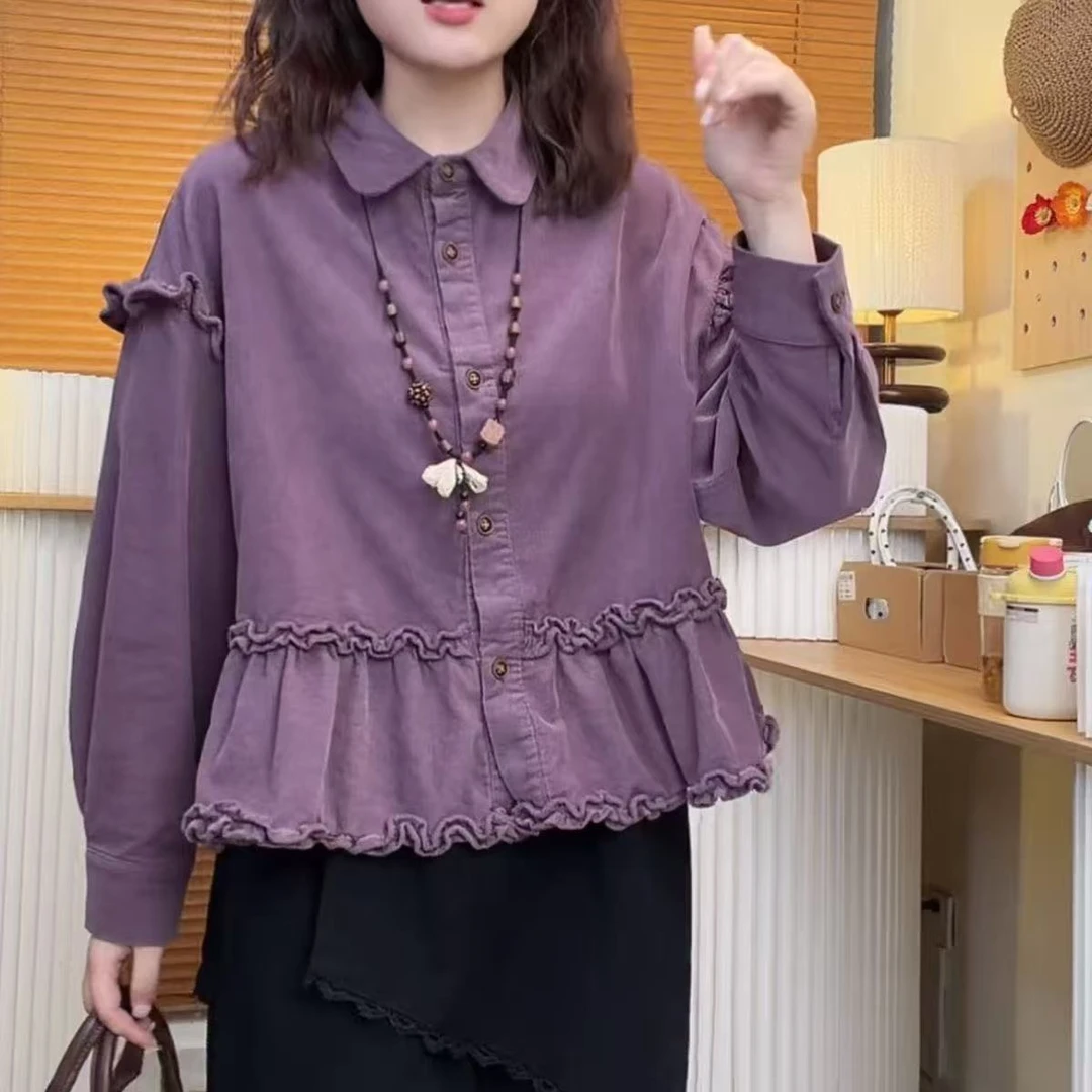 2025秋冬新款重工长袖荷叶边衬衫女高级感减龄灯笼袖复古打底衬衣