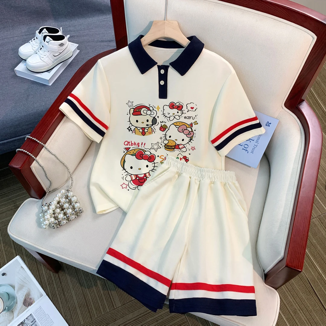 2025新款套装女童短袖polp衫短裤中大童可爱凯蒂猫印花两件装上衣