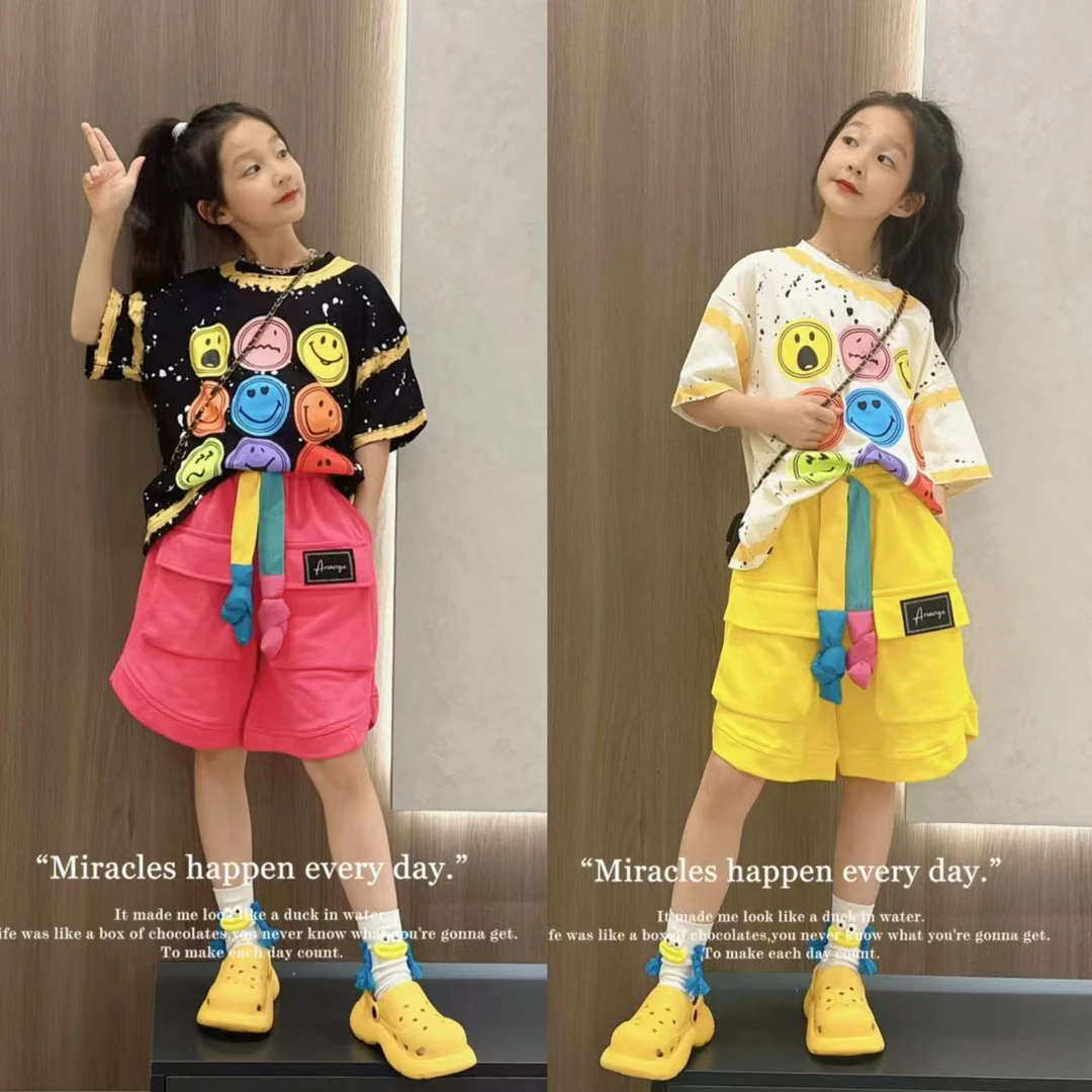 女童套装2025夏季新款儿童笑脸短袖多巴胺短裤两件套女大童夏装潮