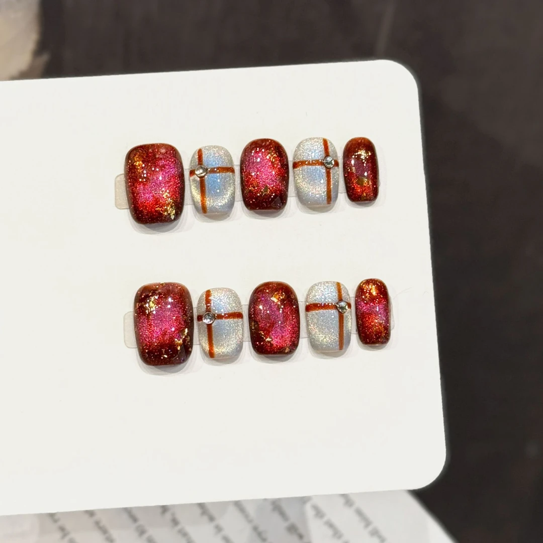 艺禾原创【红银十字】红银闪粉十字美甲贴撞色酷飒风手工穿戴甲片