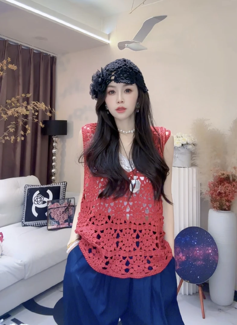 L.X~小众设计感钩花镂空无袖马甲优雅气质叠穿背心洋气上衣女6755