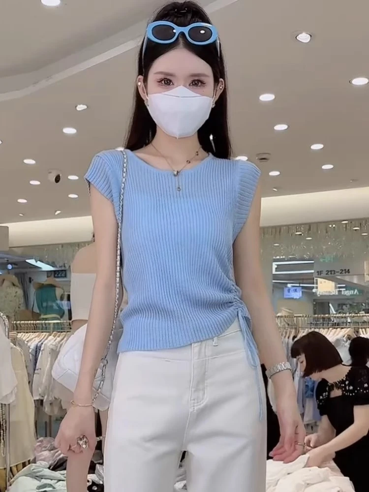 蓝色正肩针织衫女装2025夏季新款冰丝短袖t恤日常百搭小飞袖上衣