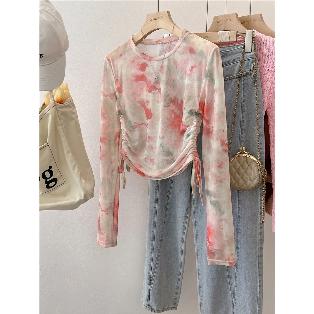 独特别致晕染长袖T恤女夏装新款抽绳收腰短款网纱上衣打底衫