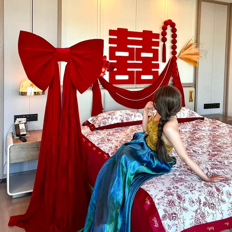 菲寻婚房布置结婚礼卧室床头超大蝴蝶结新中式晨袍拍照背景墙装饰
