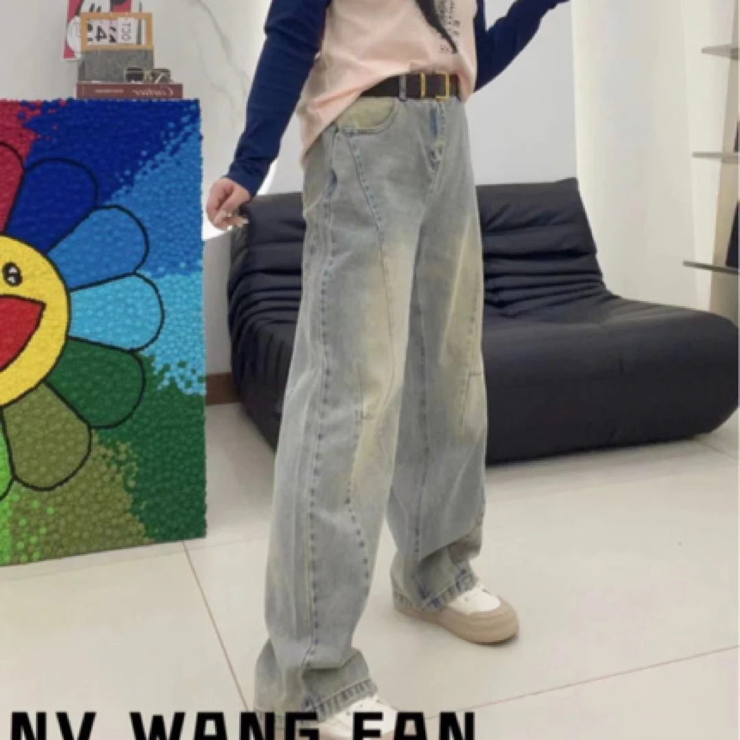 欧货复古宽松百搭直筒裤水洗牛仔裤 腰带