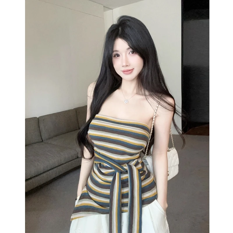 不规则条纹抹胸吊带背心女夏季2025新款绑带修身显瘦无袖好看上衣
