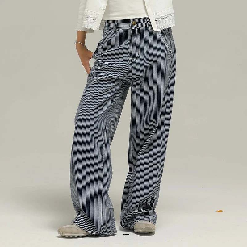 小女森女童春秋牛仔裤竖条纹复古设计感中大童长裤宽松阔腿裤子潮