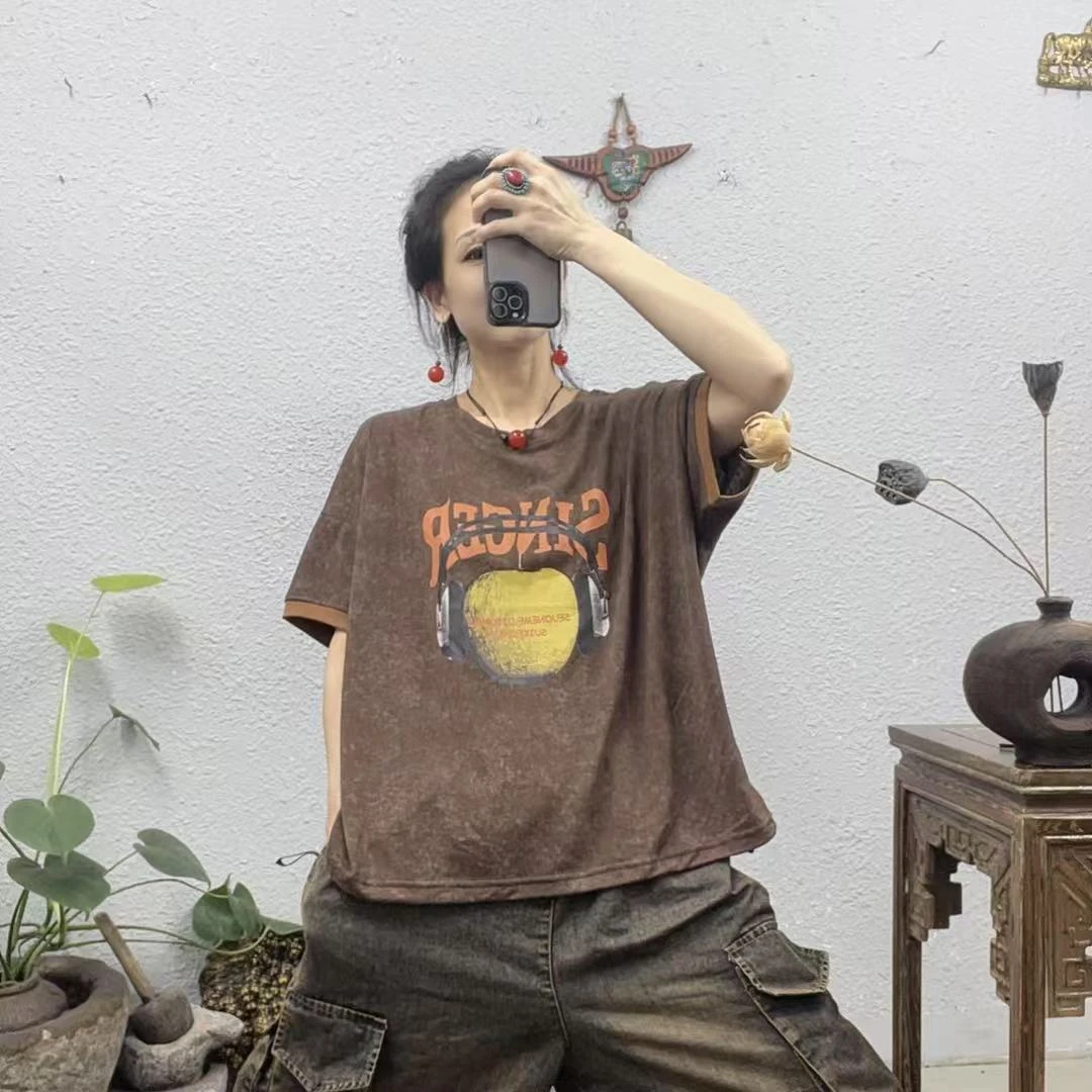 2446扎染印胶耳机下摆可收圆领上衣（长61胸围132