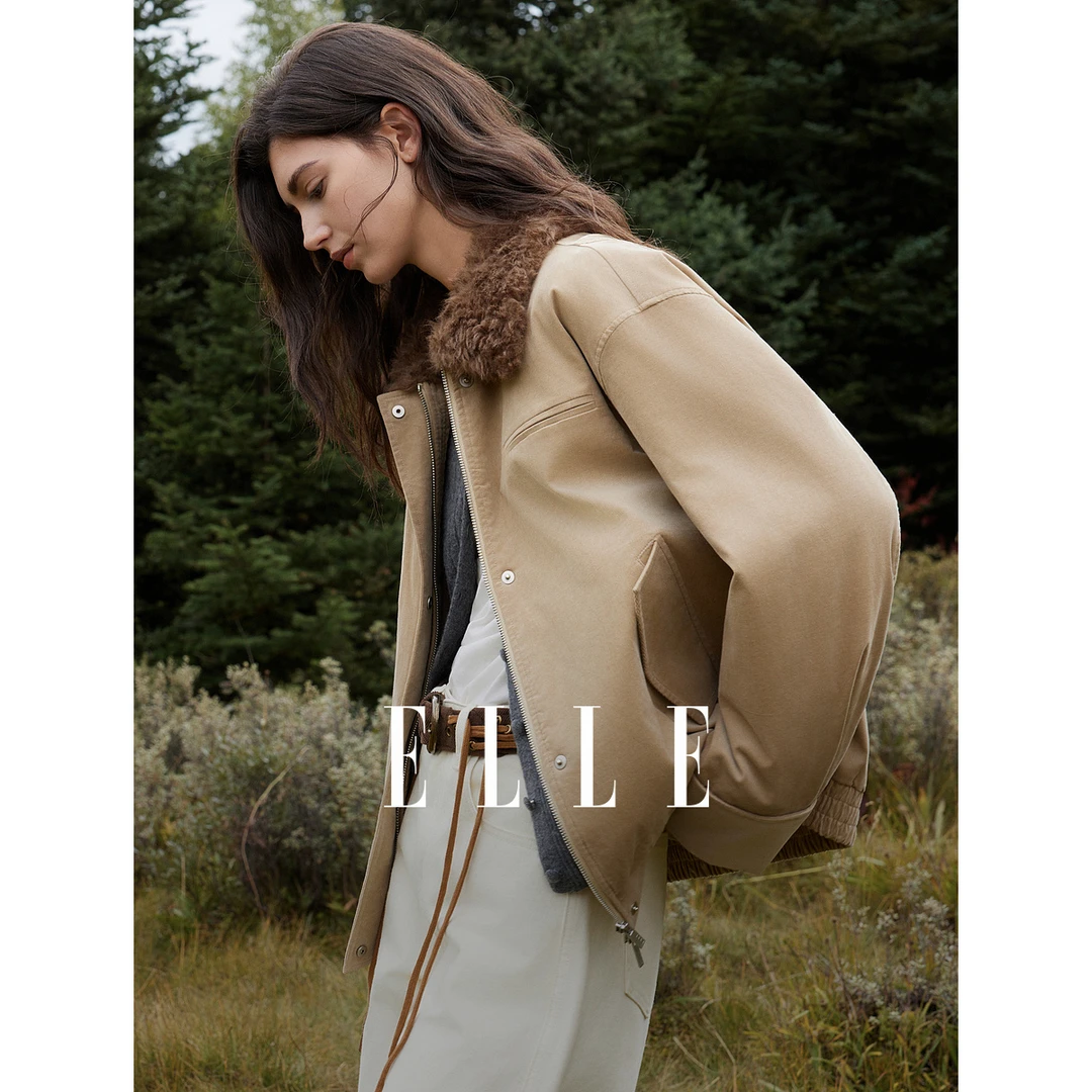 ELLE女装复古灯芯绒毛领棉服25冬新款保暖宽松通勤棉衣EH53452