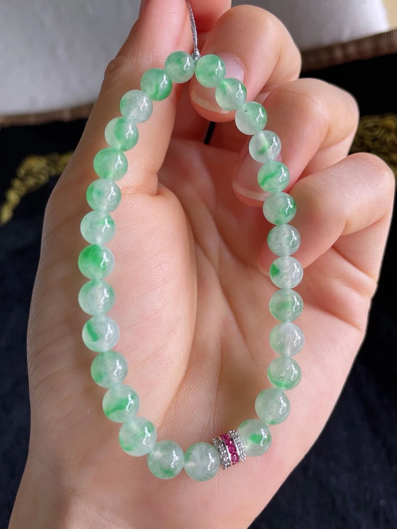 天然翡翠A货冰种飘绿果阳绿圆珠手串手链卡6.6mm-2902缅甸玉石珠