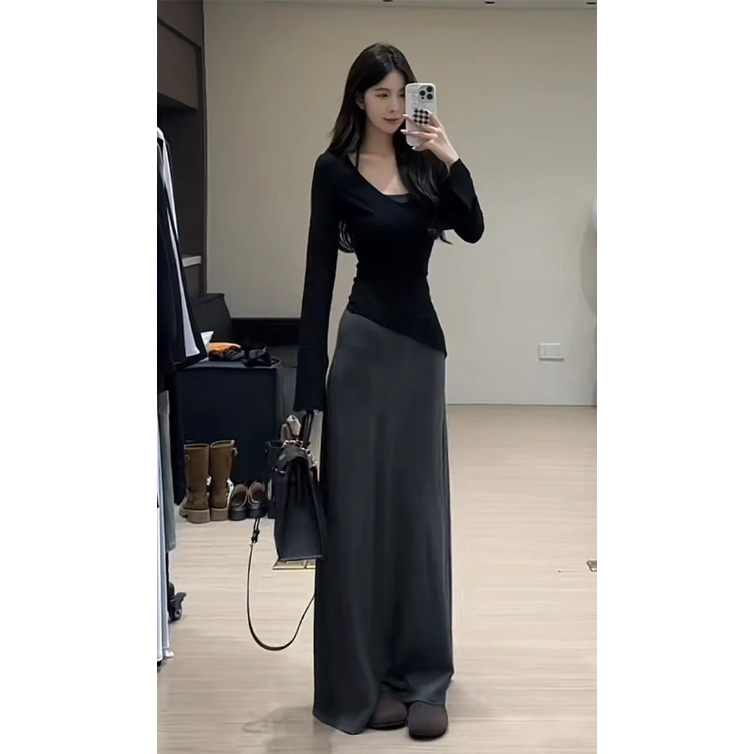 舒胡蕾 黑灰套装 长袖磨毛针织连衣裙套装显瘦气质时尚修身收腰