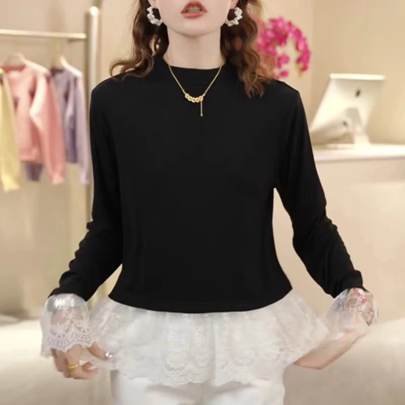 3688#洋气蕾丝拼接长袖T恤2025年新款早秋叠穿内搭打底衫(衣长60）
