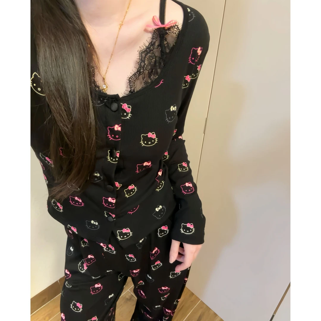 【芭比kitty】凯蒂猫超嗲可爱甜美风带胸垫睡衣女款春秋季家居服