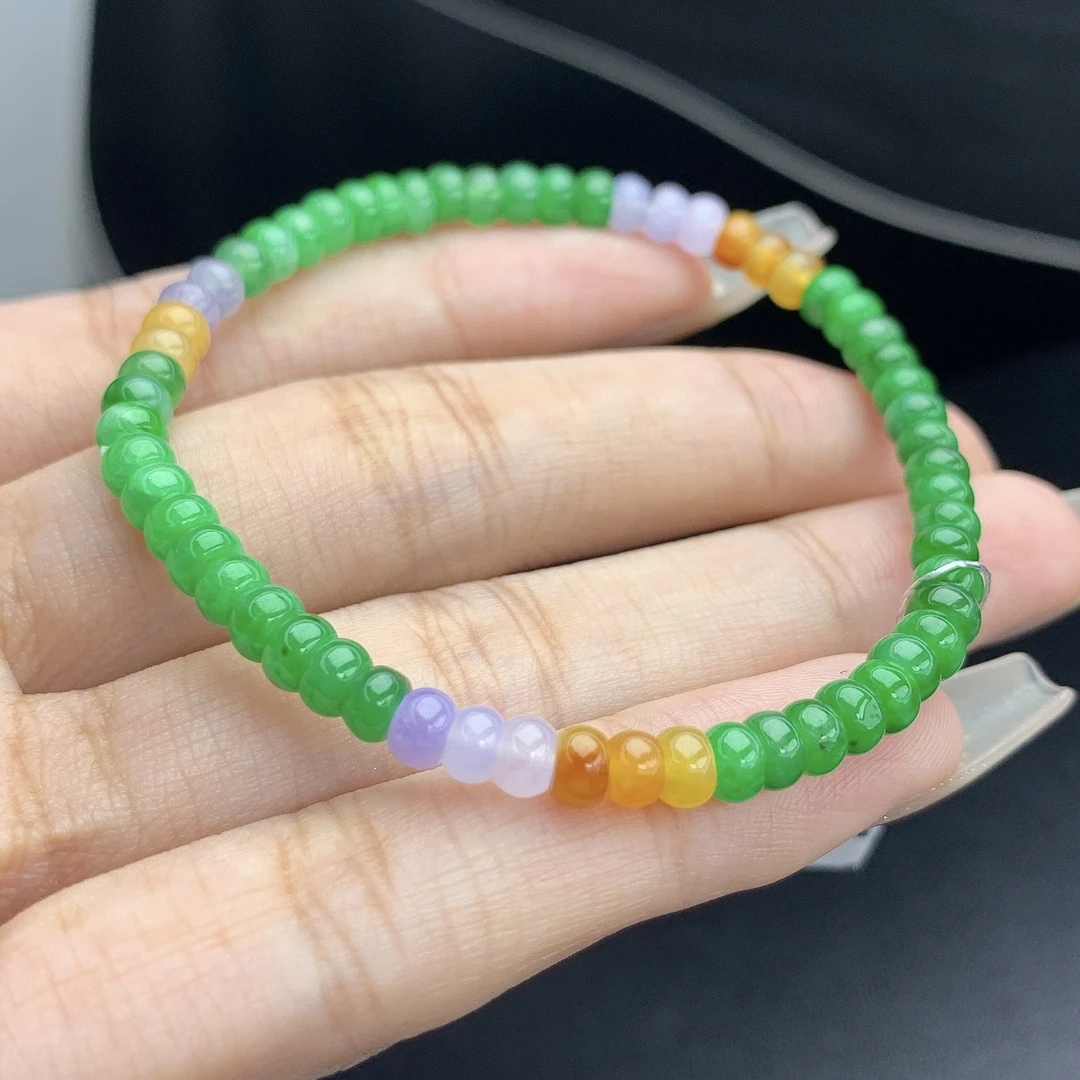 四会 缅甸A货翡翠起冰起胶辣色绿带紫黄翡算盘珠手链手串T/4.5mm
