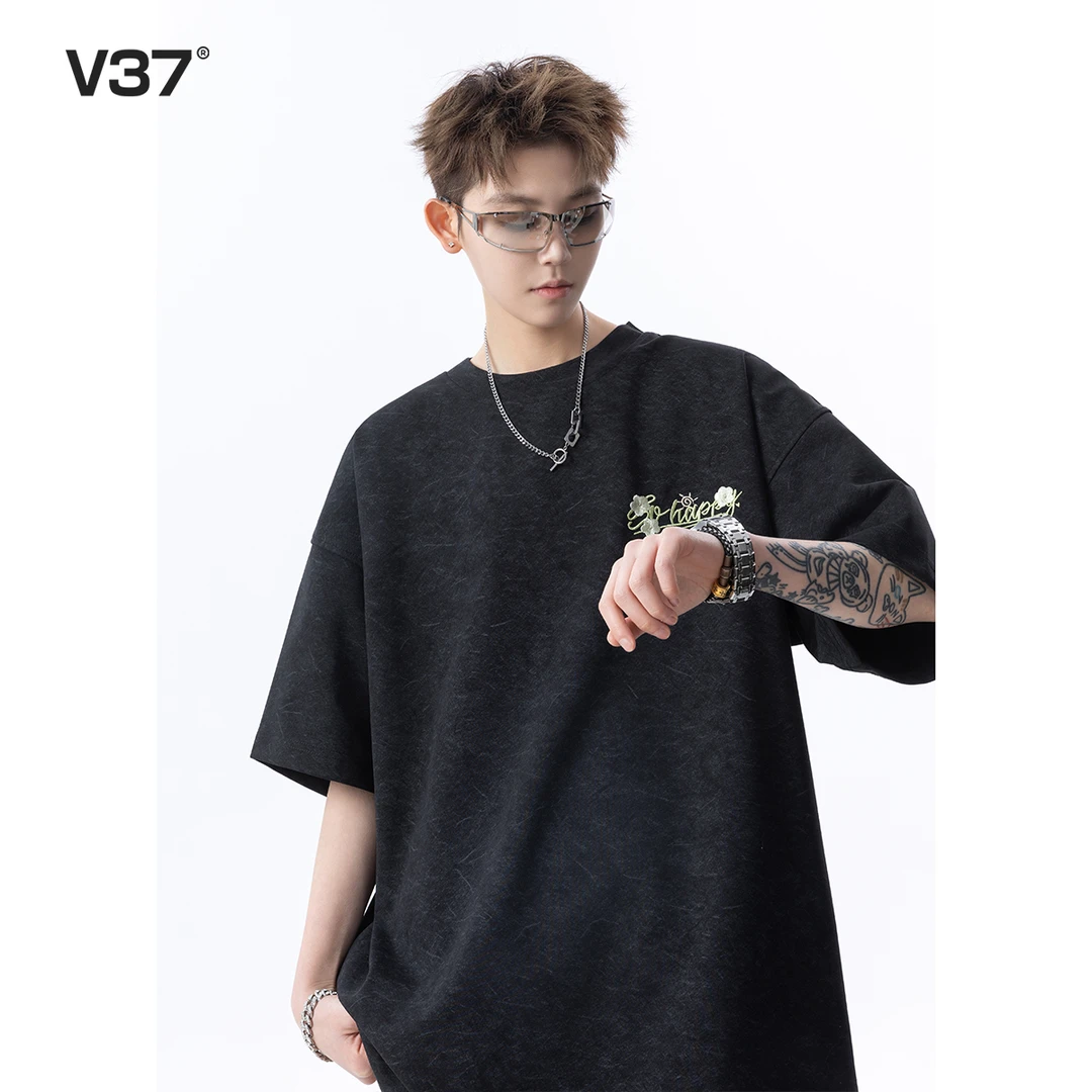 V37重磅刺绣短袖t恤男生2025新款宽松休闲百搭青少年圆领半袖体恤