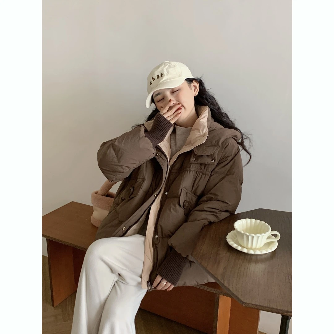 针织袖撞色白鸭绒羽绒服女洋气减龄加厚连帽