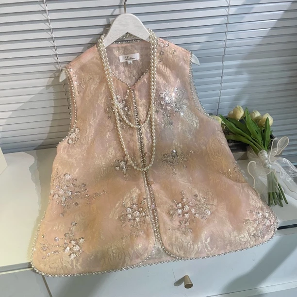 亏本出高品质马甲国风单排扣蕾丝刺绣圆领中国风网红