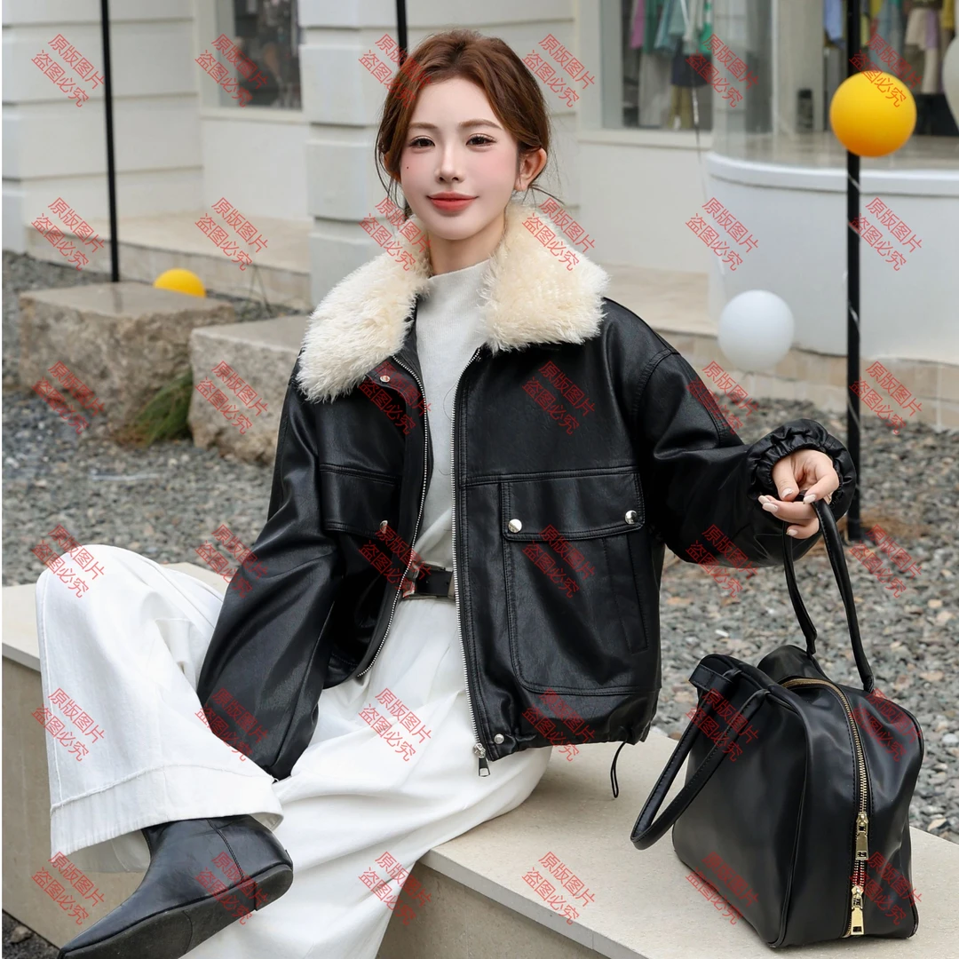 加绒加厚皮衣外套女短款2025冬新款大翻领拼接保暖复古上衣8912