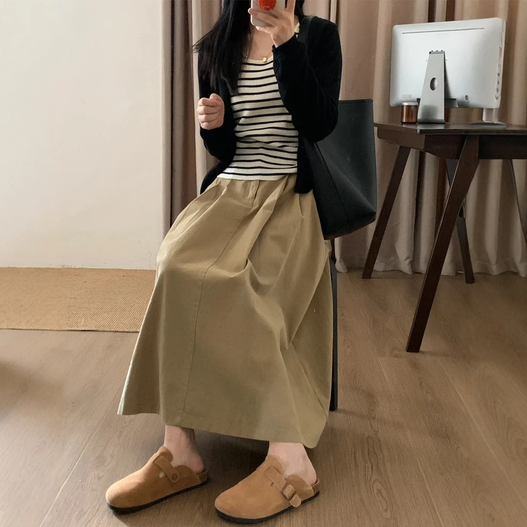 卡其色梨型遮胯遮肚子半身裙女秋季大码宽松显瘦韩系松弛感工装裙