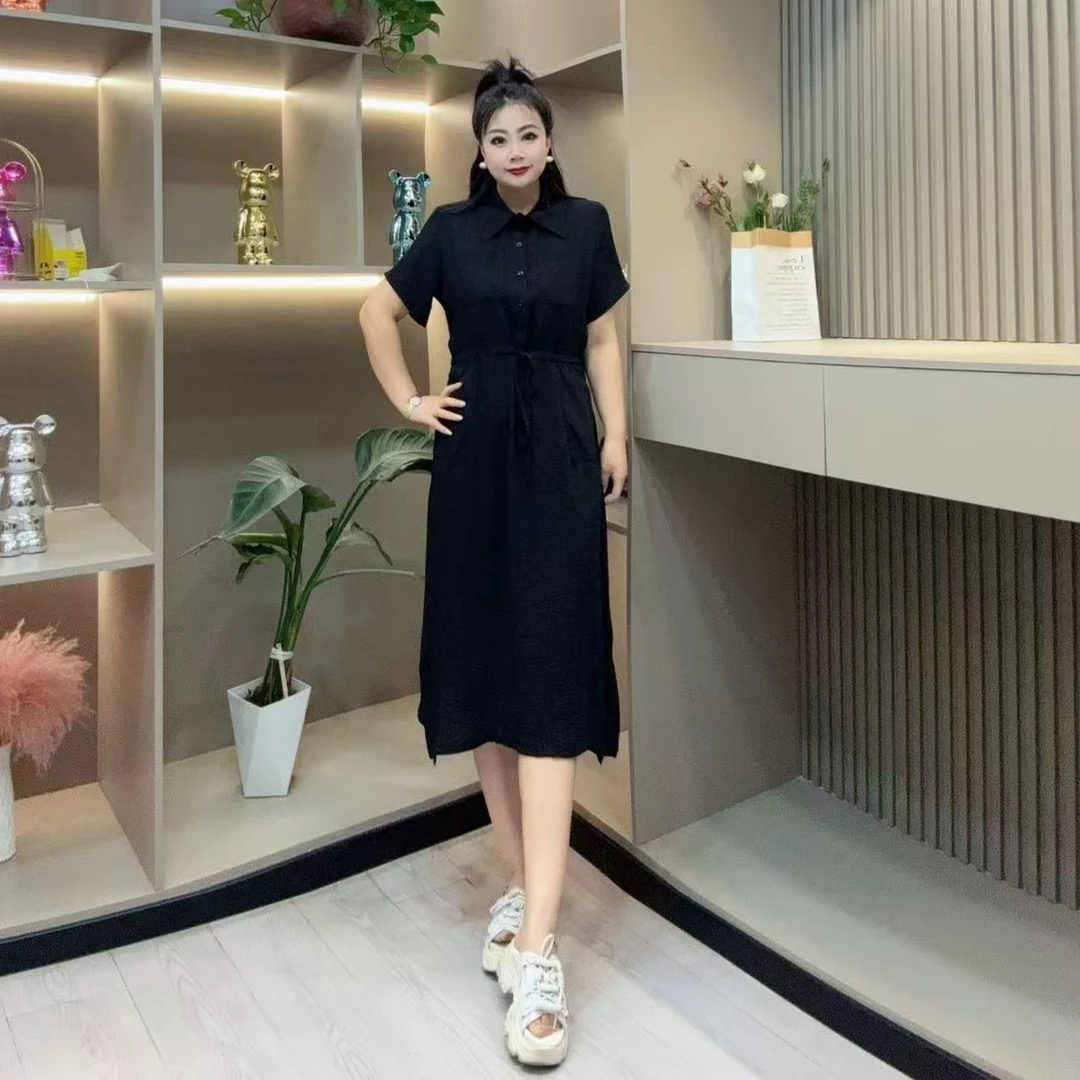 夏季连衣裙-品 5868时尚洋气抽绳收腰休闲简约款胖MM大码女装新款