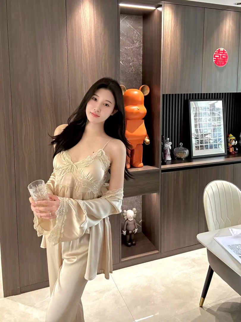 DIDI 定制 温柔居里夫人香槟色缎面三件套 吊带➕开衫➕长裤