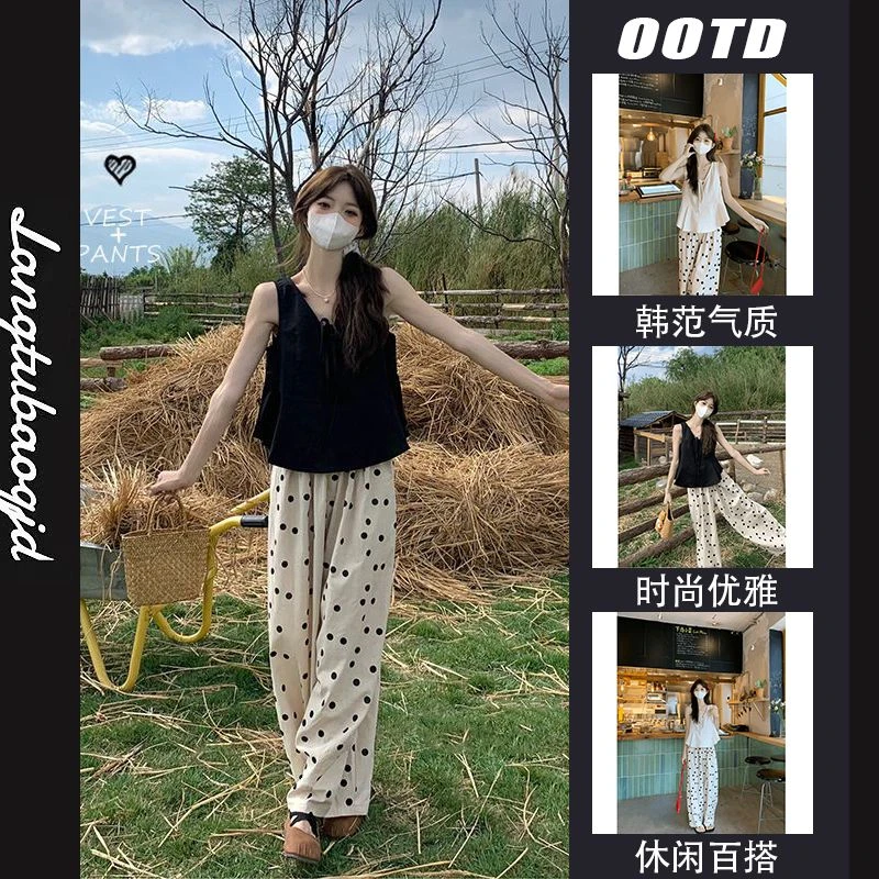 简约穿搭小个子休闲套装女夏季2025新款系带背心波点阔腿裤两件套