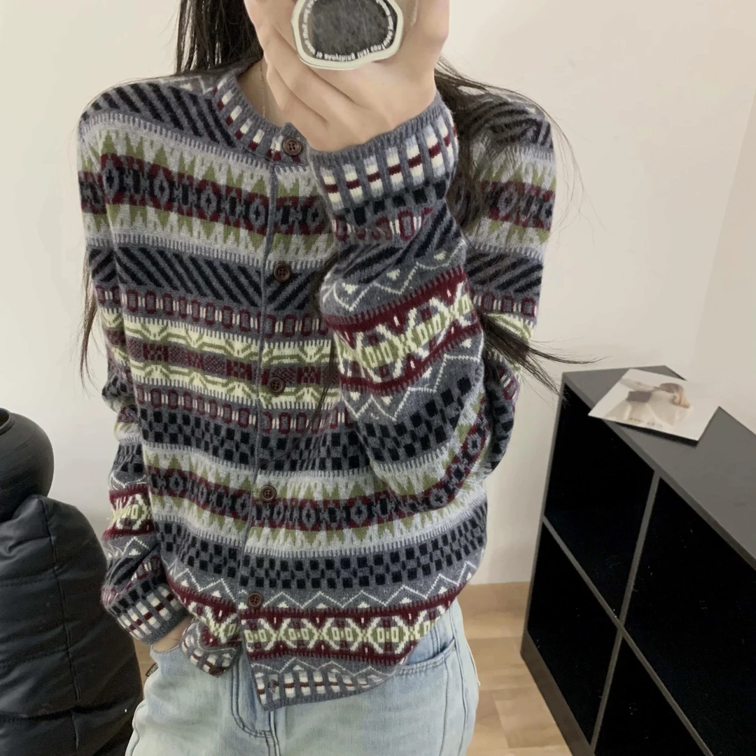 慵懒风超好看设计8373撞色条纹毛衣开衫外套女2024秋冬新款