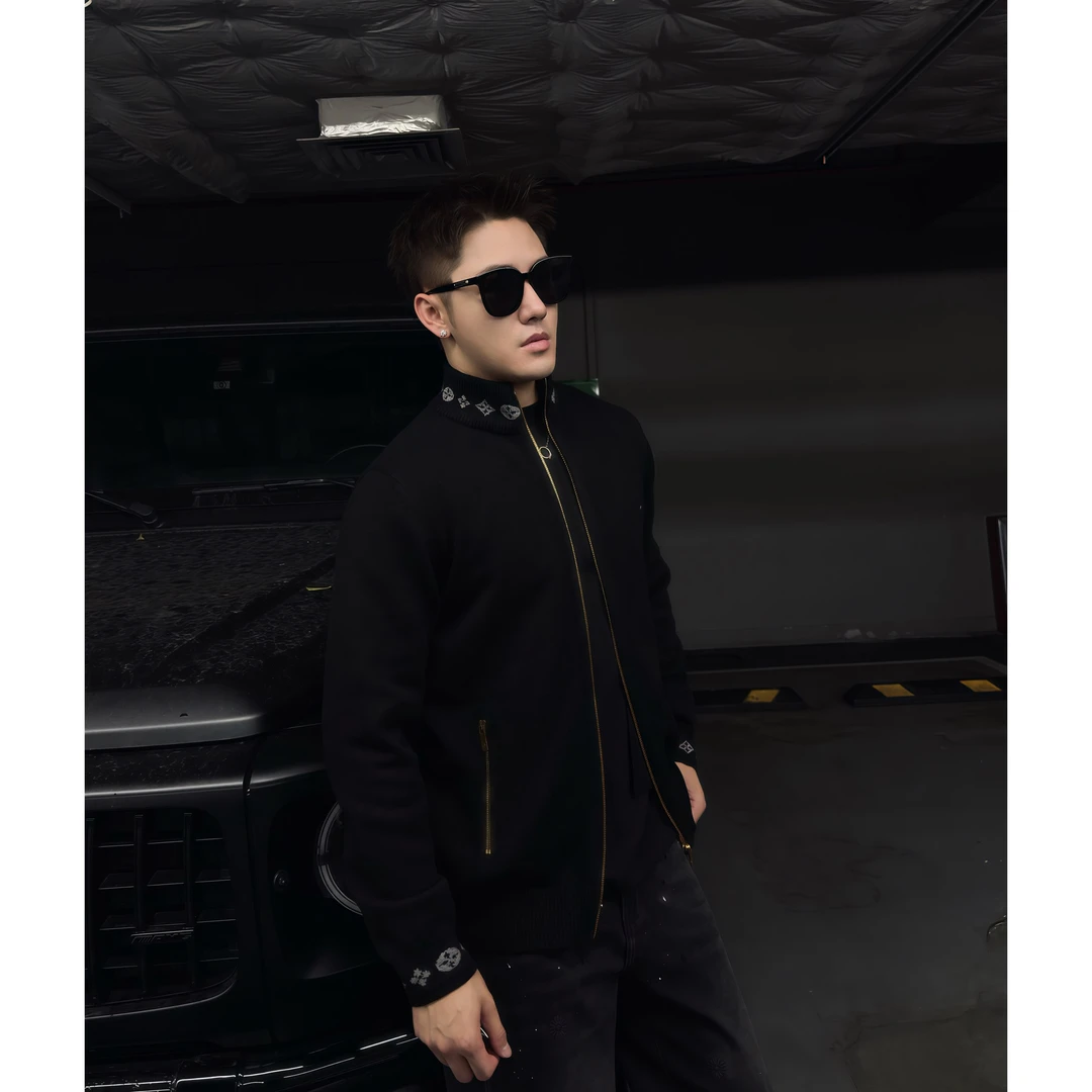 SAM【御世风华】冬季顶奢精纺羊毛混纺老花领袖拉链立领针织外套