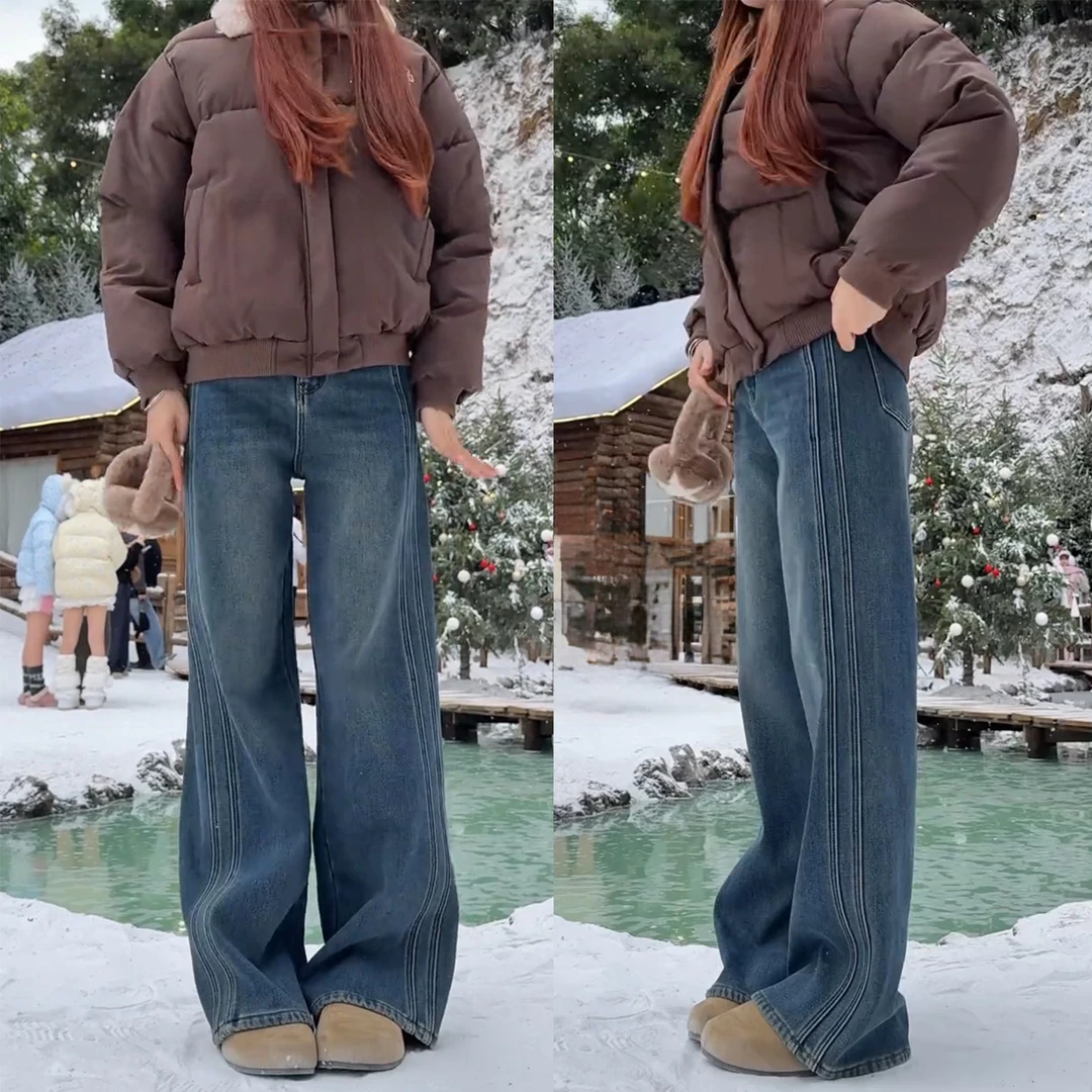 复古蓝微喇弹力阔腿裤秋冬加绒大码女装宽松显瘦梨形身材直筒裤子