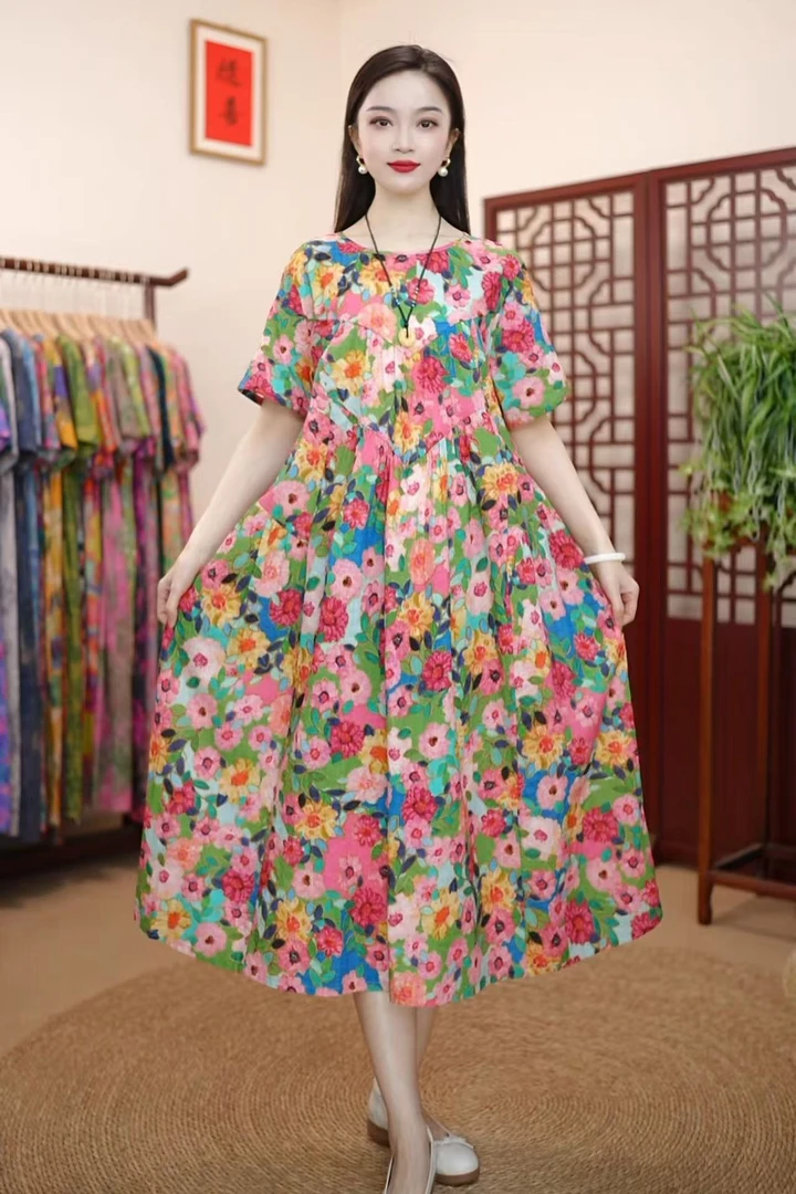 [花卉]夏季新款高级气质棉麻柔软遮肚宽松显瘦连衣裙子妈妈装