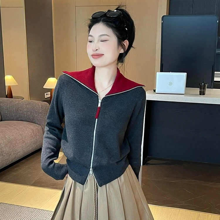 韩系灰色海军领拉链针织开衫外套女早秋巨好看设计感外穿长袖上衣