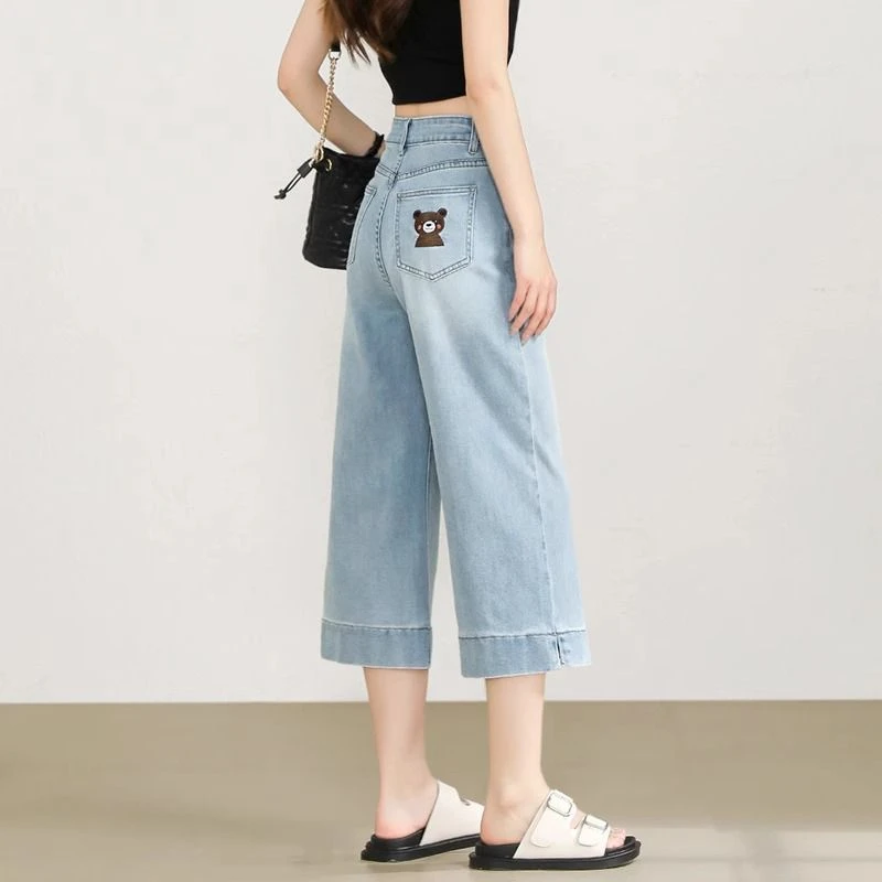 高端刺绣七分裤女夏季2025薄新款高腰小个子宽松直筒阔腿牛仔裤子