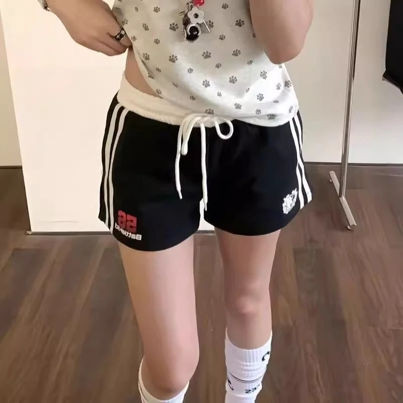 网红夏季新款纯棉复古美式拼接时尚潮流阔腿运动休闲短裤辣妹热裤