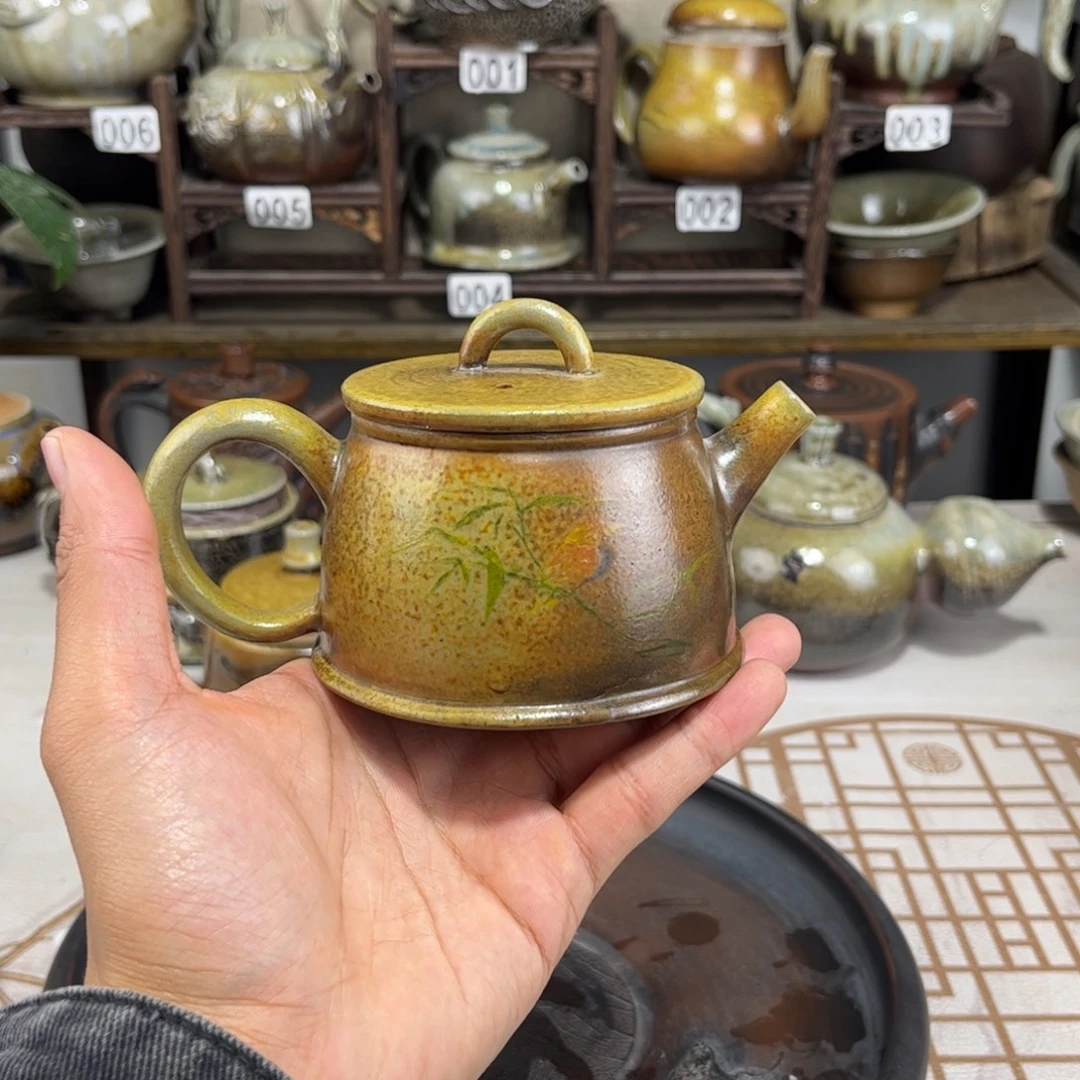 180cc白泥柴烧彩填汉瓦壶，古法传承裸坯柴烧