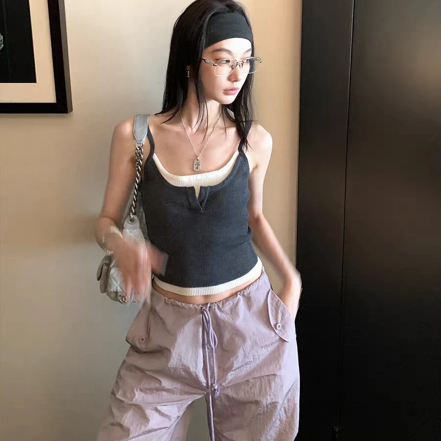 欧阳拼接假两件针织吊带背心女夏季外穿修身显瘦辣妹短款上衣