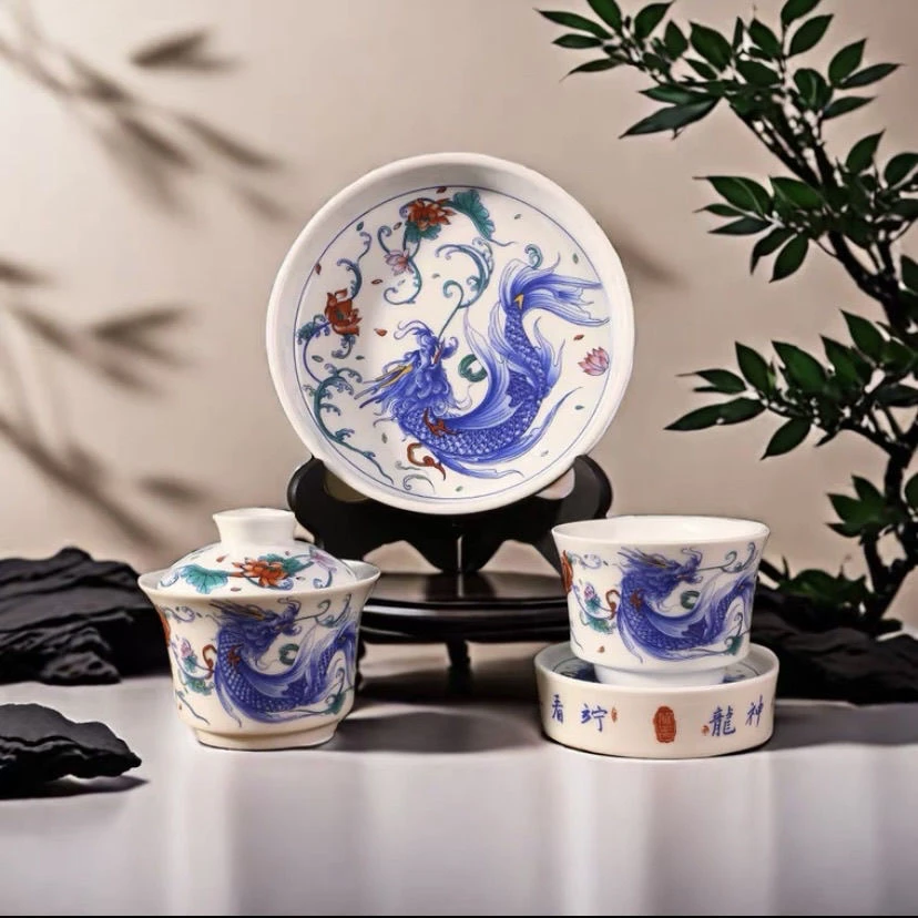 景德镇仿古斗彩鱼化龙四件套2才盖碗陶瓷手工功夫茶杯套装茶具
