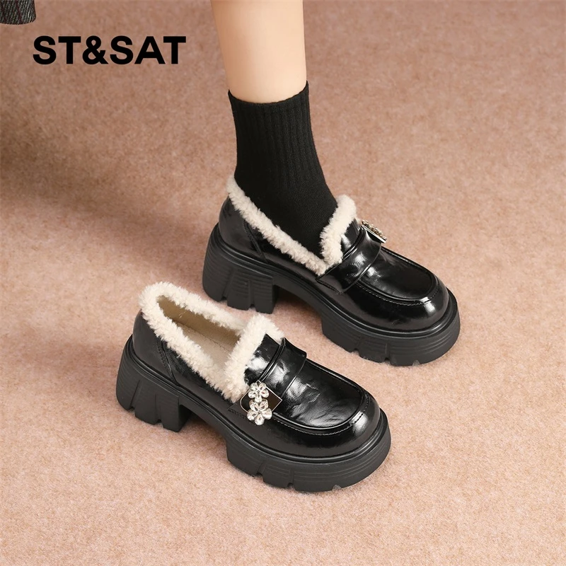 星期六加绒乐福鞋女款2025冬季新款爆款厚底粗跟加厚保暖小皮鞋子