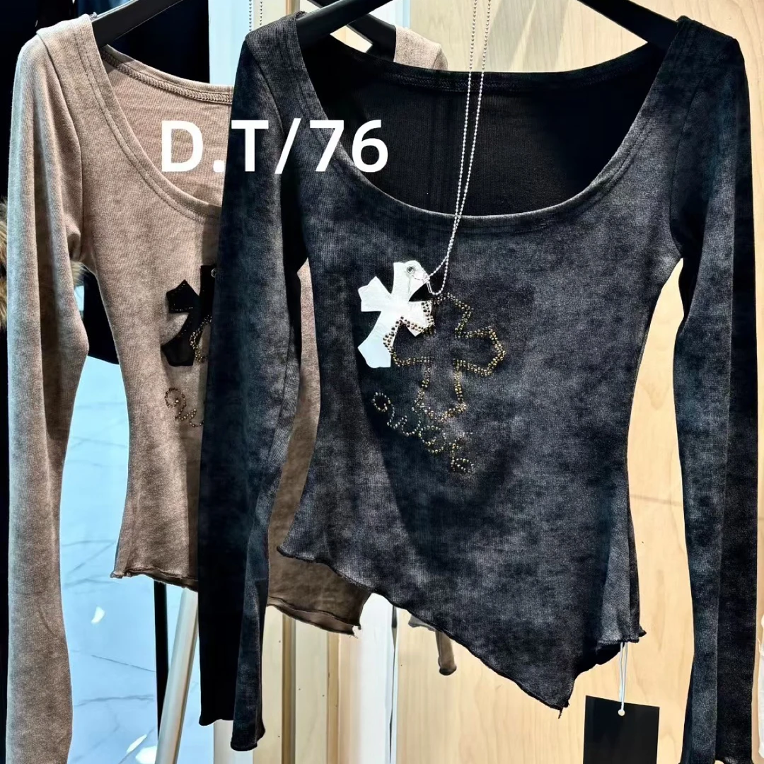 2025秋季新款时尚修身百搭上衣女扎染打底衫长袖